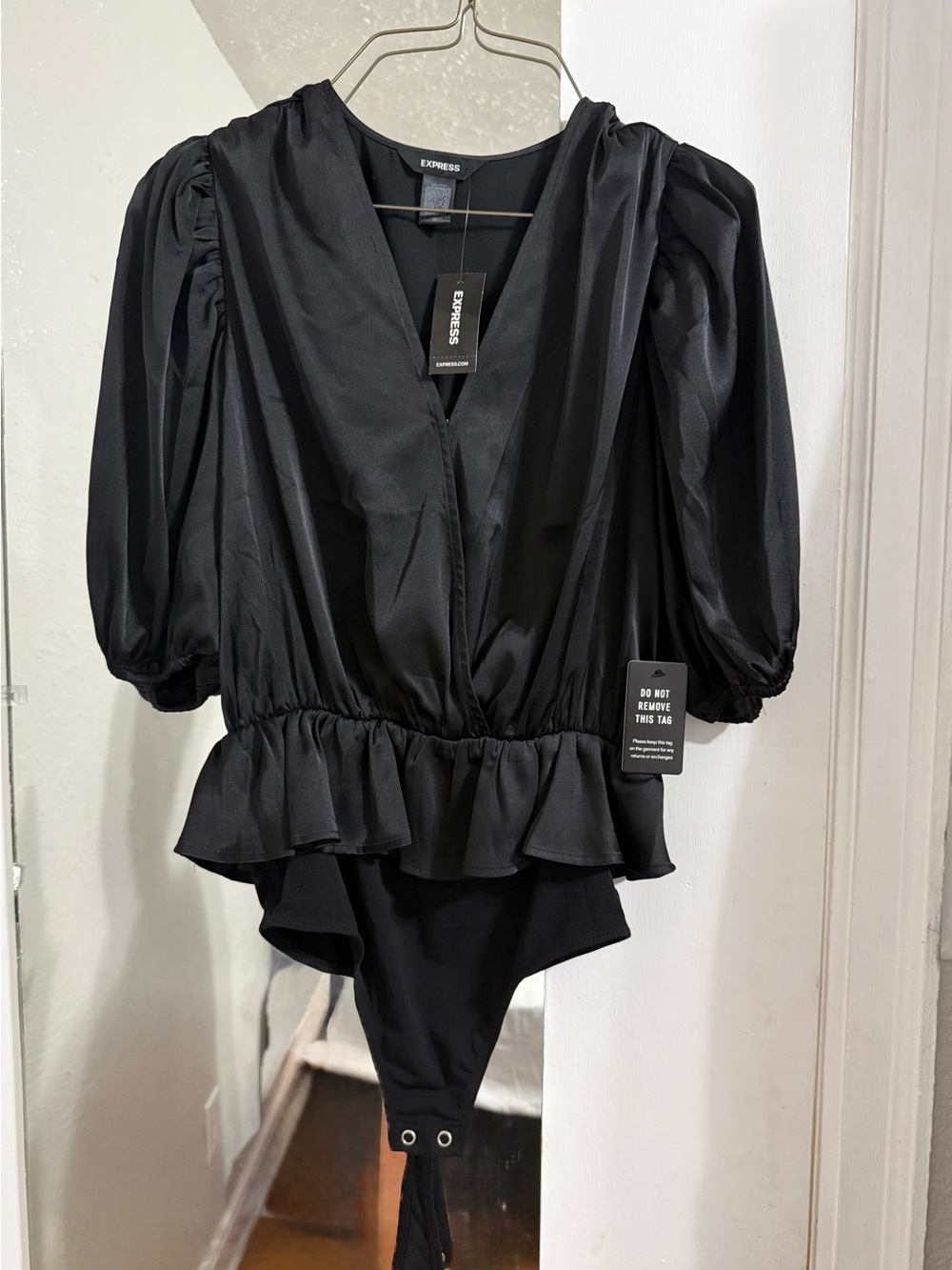 Express Black V-Neck Puff Sleeve Peplum Bodysuit